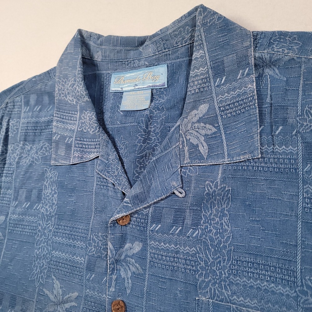 Bermuda Bay‎ Men Silk Hawaiian Shirt XXL 2XL Blue Jacquard Palm Camp